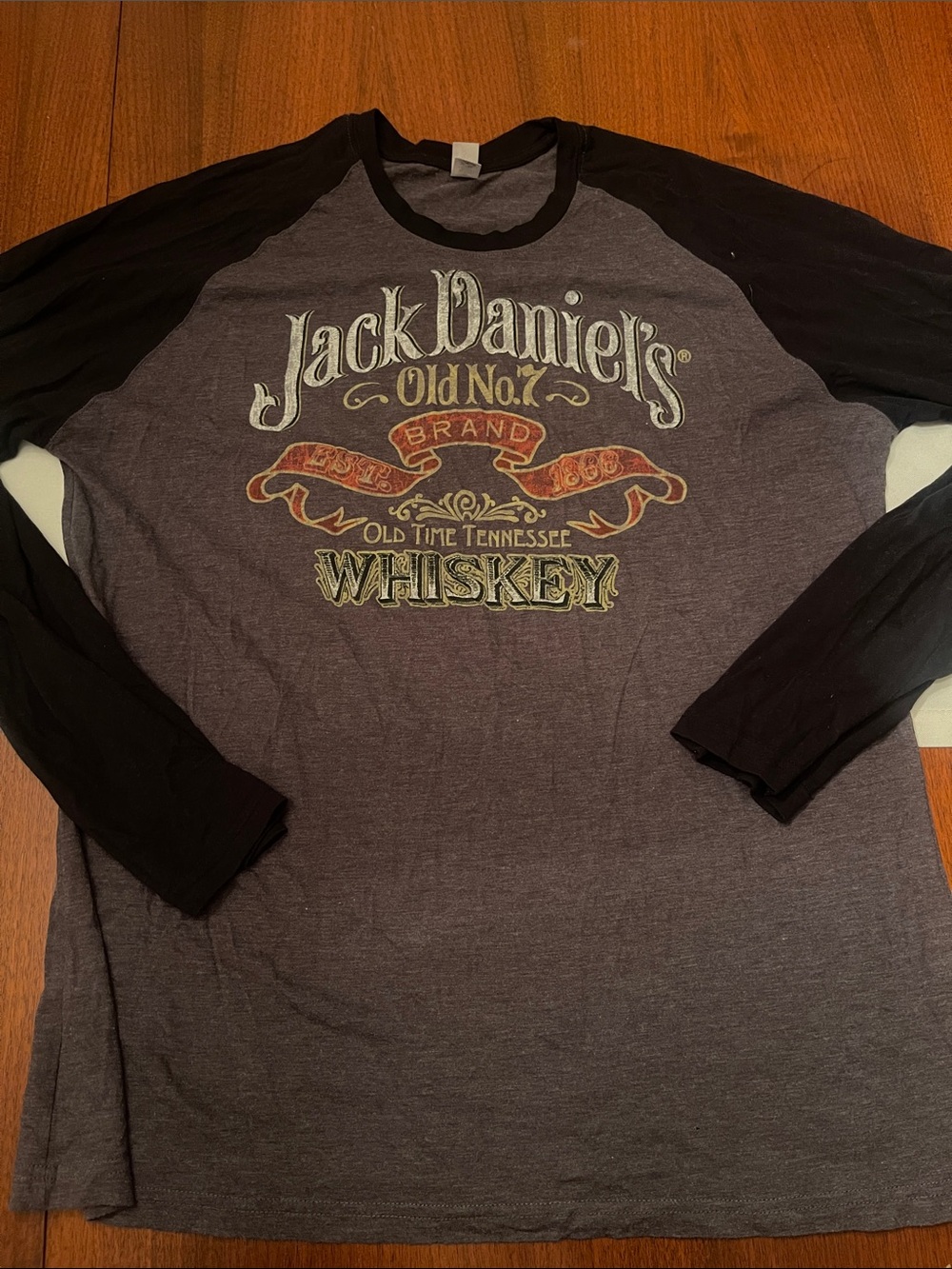 Jack Daniels Black & Gray Raglan Long Sleeve Whiskey Graphic Tee